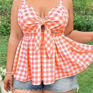 SHEIN Orange and White Checkered Blouse